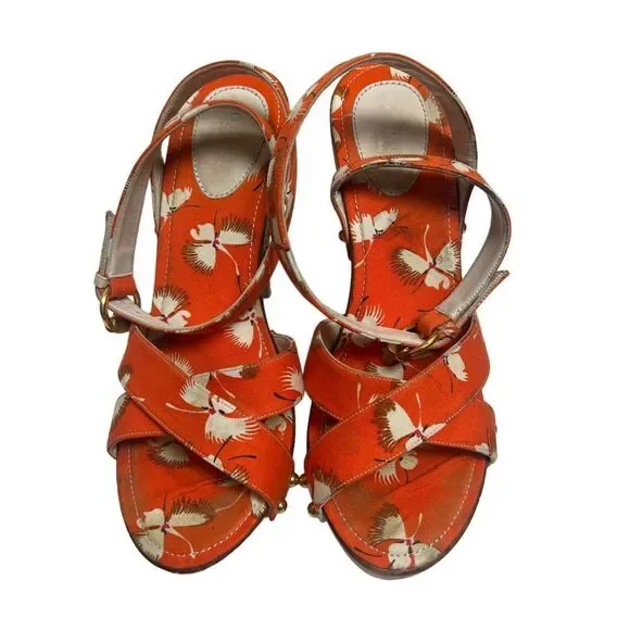 Gucci Orange Crane Wood Block Heels Sandals Sz. 8 - Picture 8 of 13